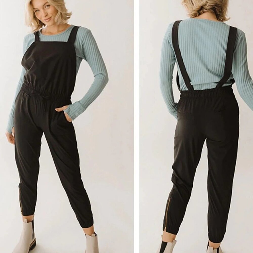 Albion Classic Overall Jumpsuit Womens Small Black Cinch Waist Ankle Zipper